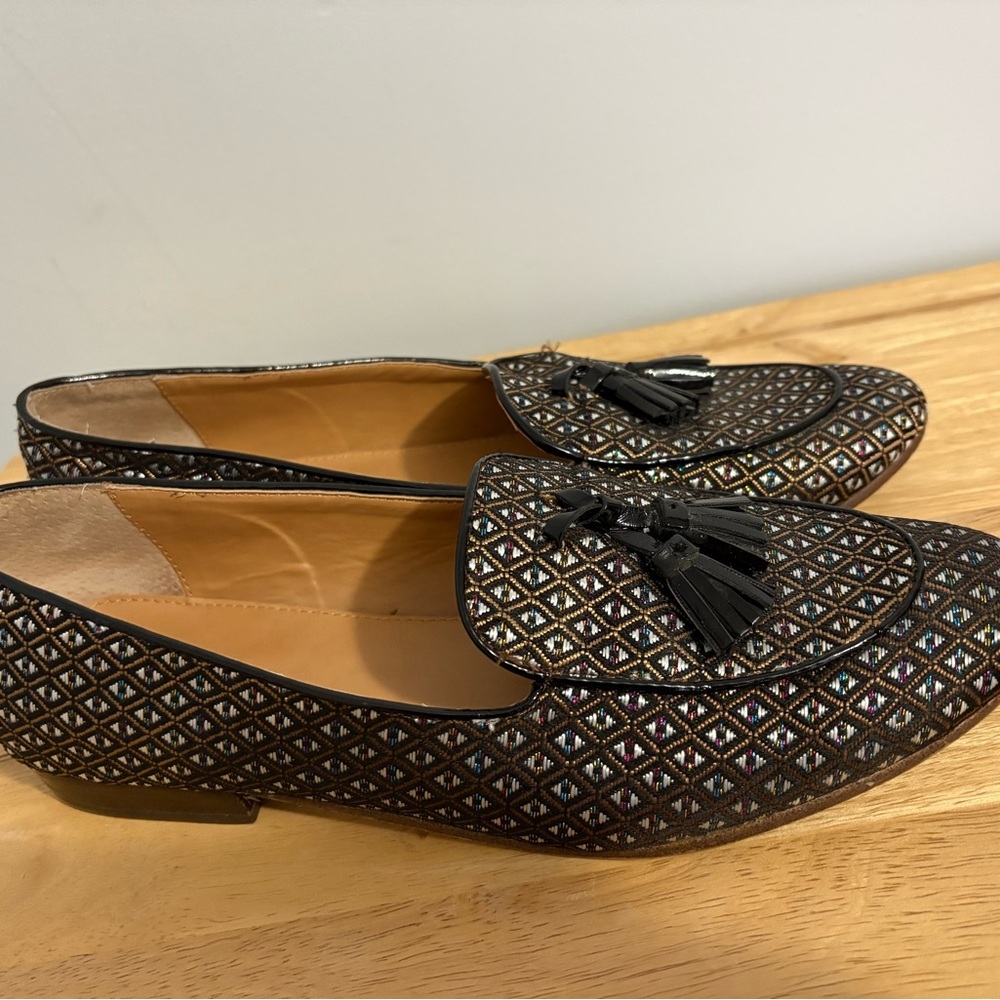J. Crew Jacquard Tassel Loafers Black Gold Geometric Pattern Size 9 Old Money - Picture 2 of 12